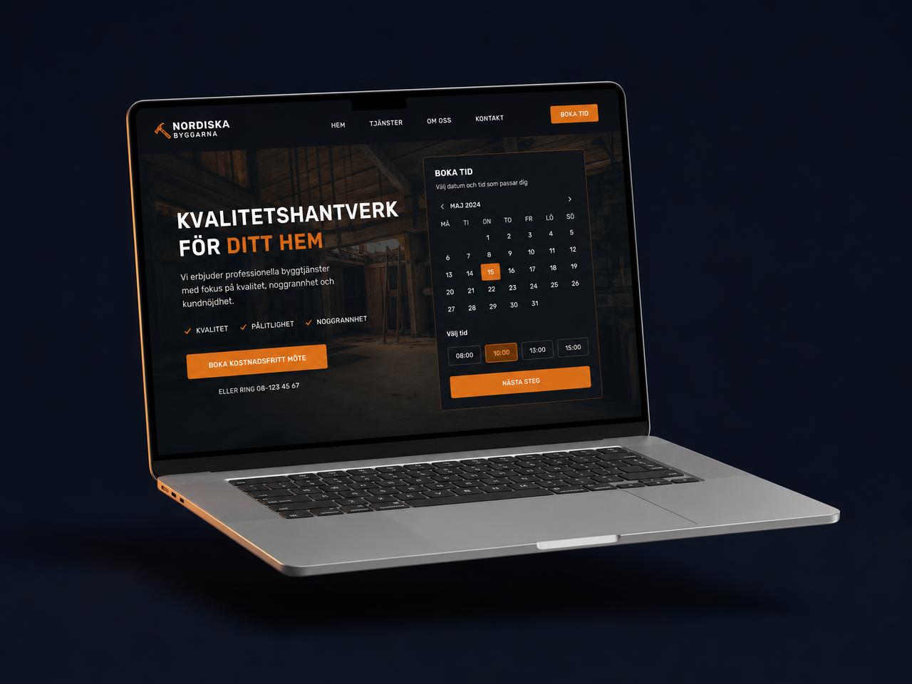 Hemsida för hantverkare visad på en laptop med inbyggd bokningskalender